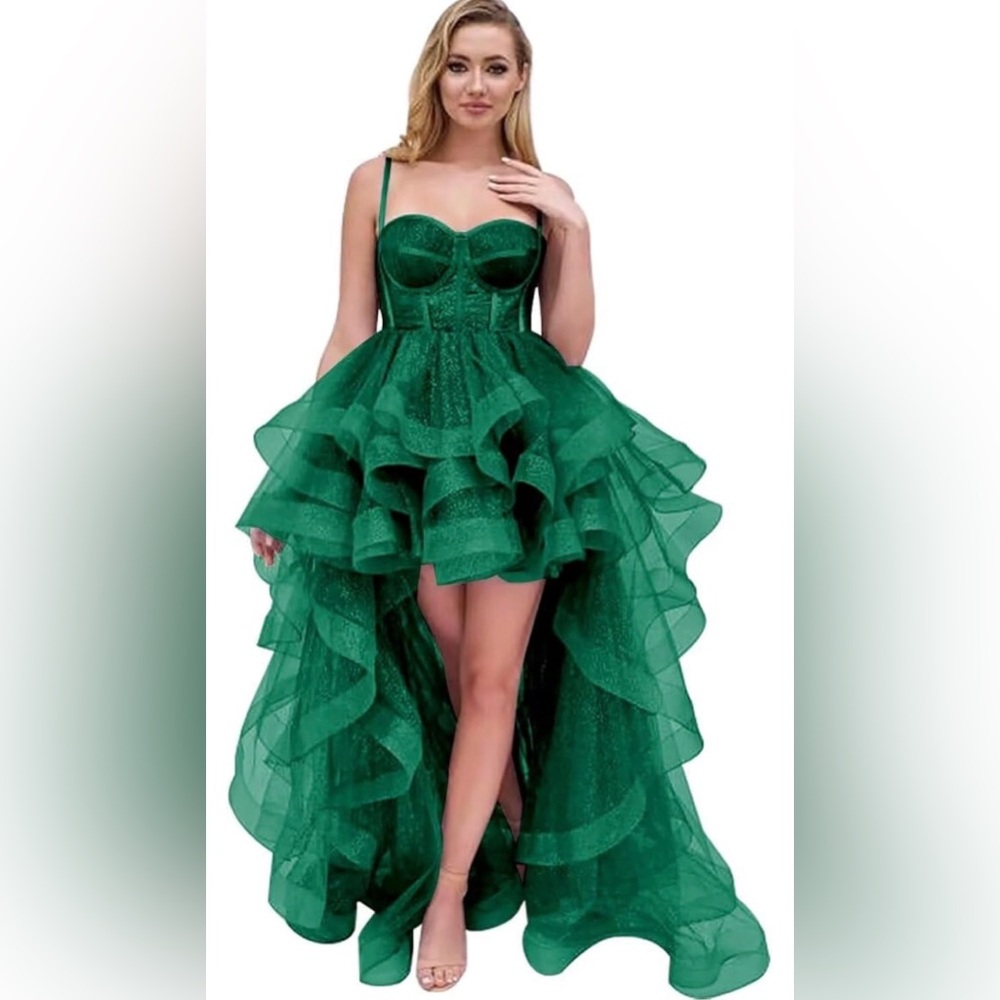 Elegant Green Ruffled High Low Evening Dress